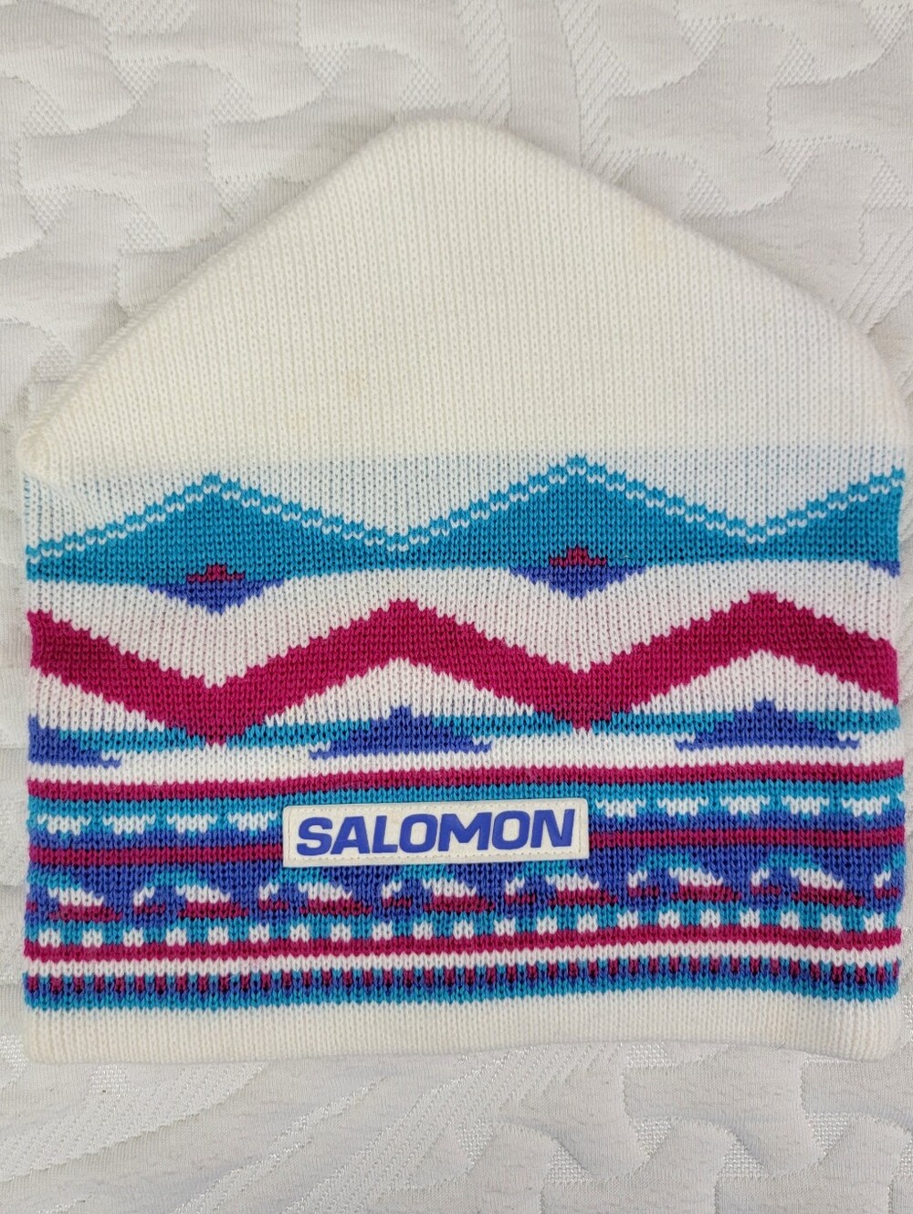 Vintage 80s 90s SALOMON Wool Blend Beanie Ski Hat Pink Blue White Unisex Adult